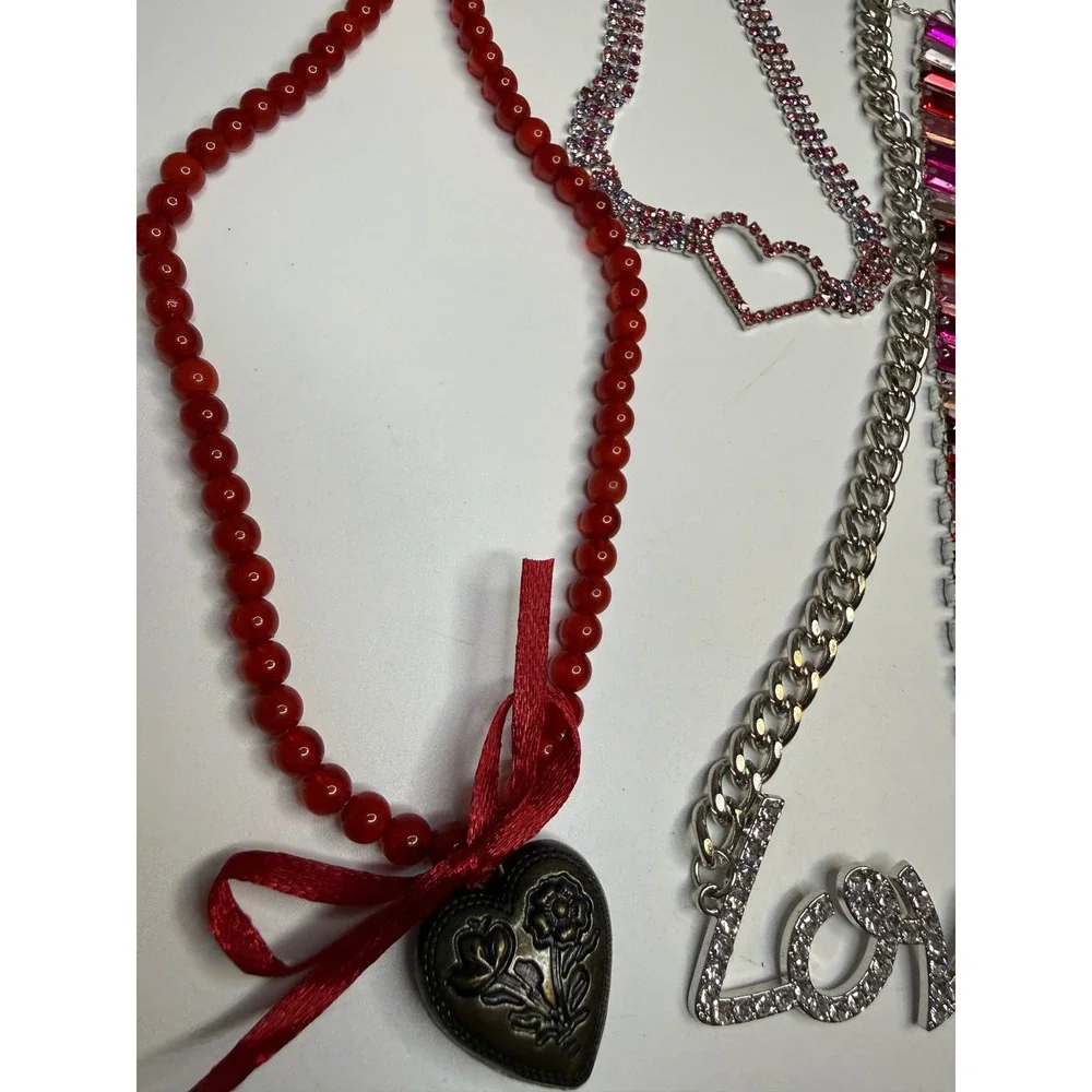 6pc Romantic Jewelry Lot Rhinestone Heart Love Lips Locket Necklaces Red Pink